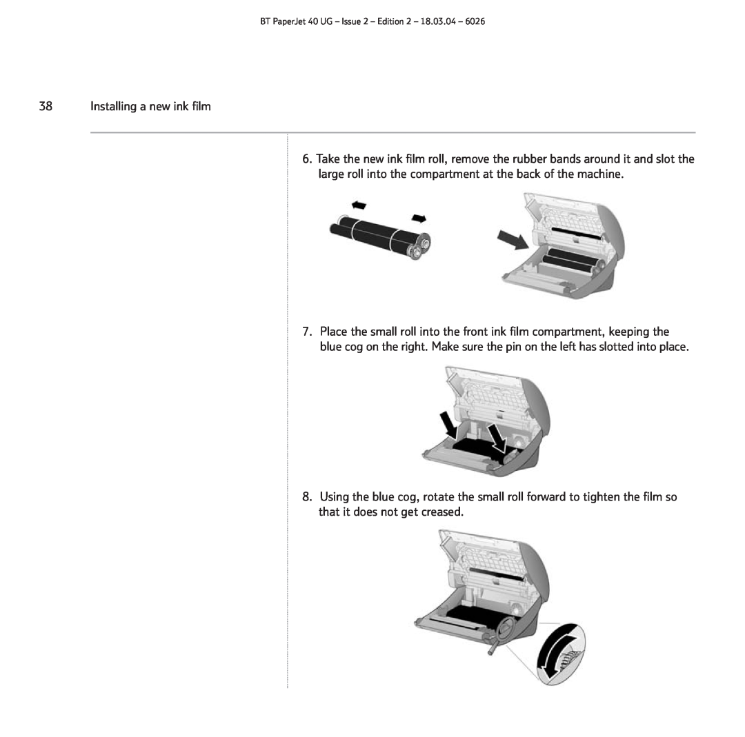 BT manual Installing a new ink film, BT PaperJet 40 UG - Issue 2 - Edition 2 