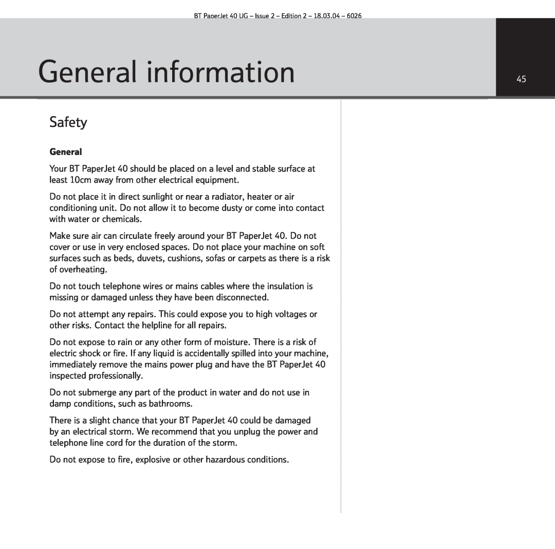 BT PaperJet 40 manual General information, Safety 