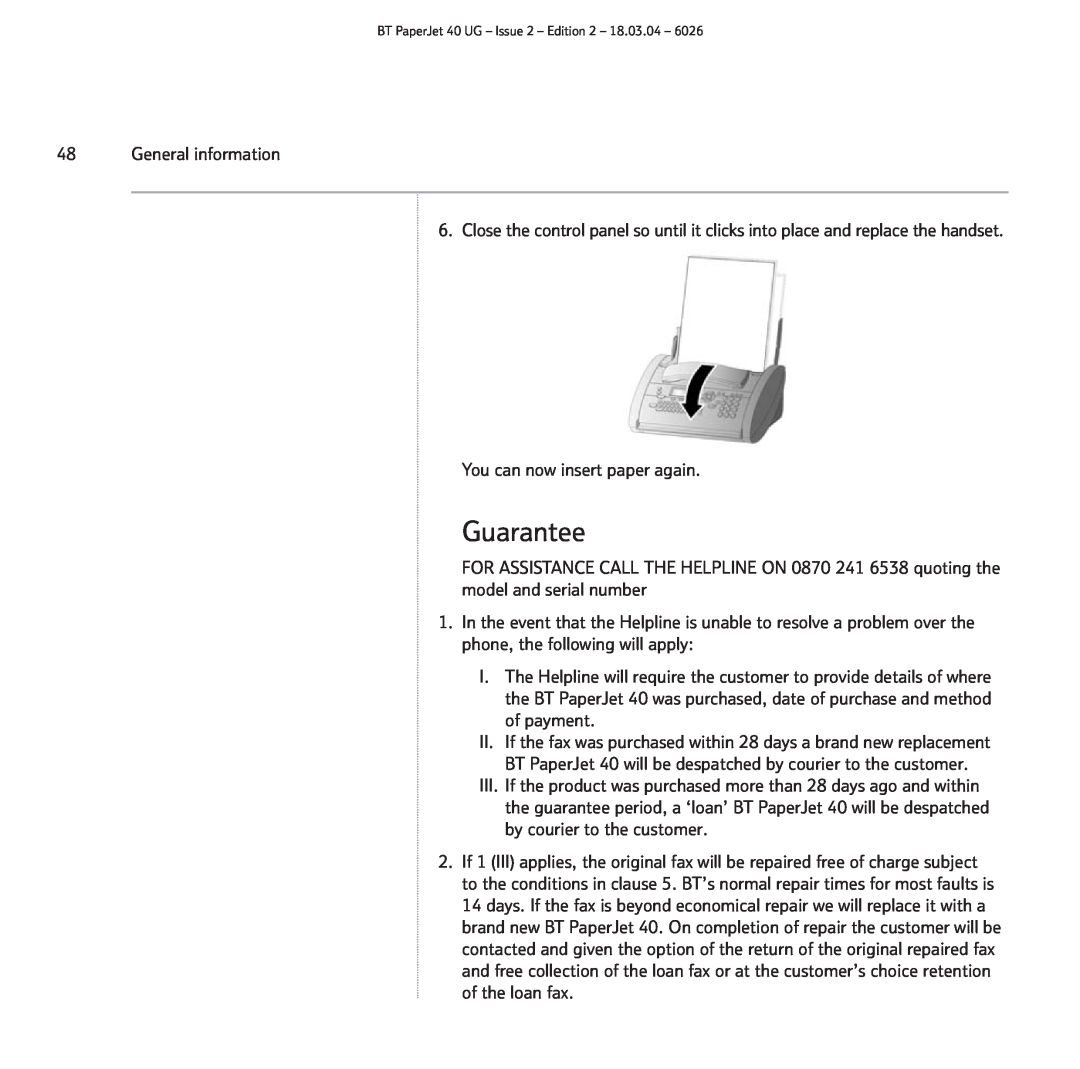 BT PaperJet 40 manual Guarantee 