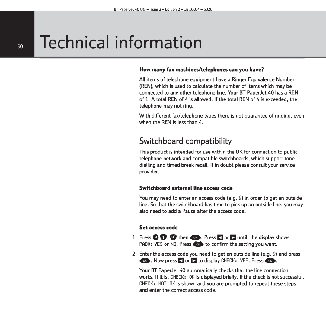 BT PaperJet 40 manual Technical information, Switchboard compatibility 
