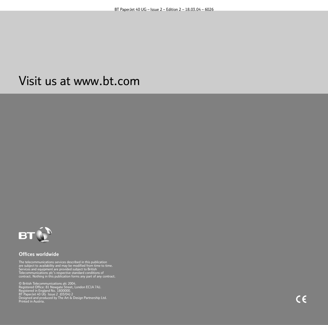 BT manual Ofﬁces worldwide, BT PaperJet 40 UG - Issue 2 - Edition 2 - 18.03.04, British Telecommunications plc 