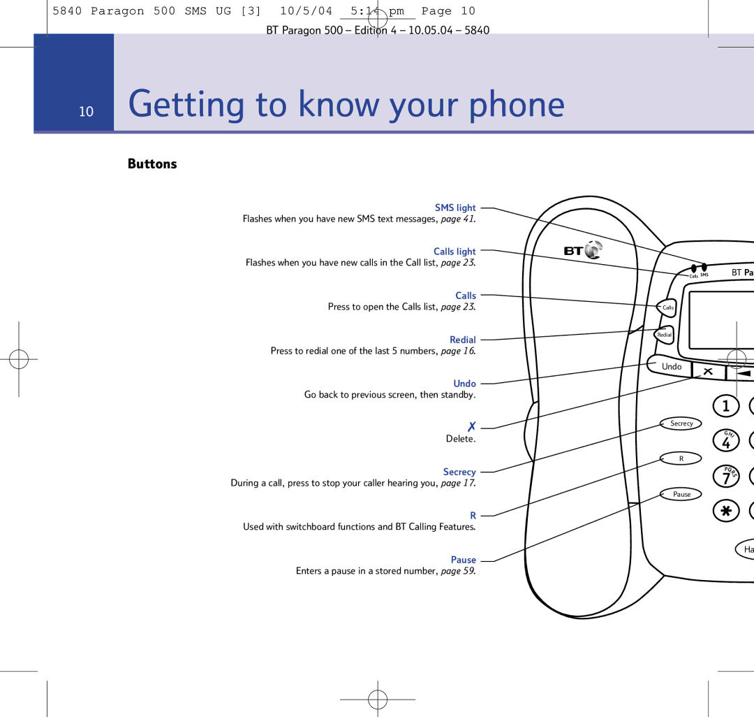 BT PARAGON 500 manual Getting to know your phone, Buttons 