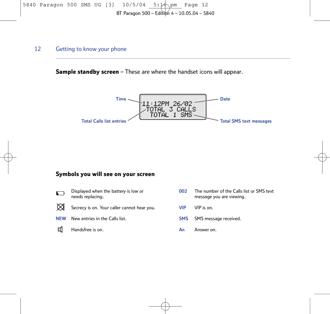 BT PARAGON 500 manual Getting to know your phone, Symbols you will see on your screen 