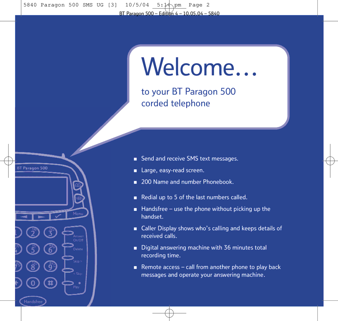 BT PARAGON 500 manual Welcome…, To your BT Paragon 500 corded telephone 