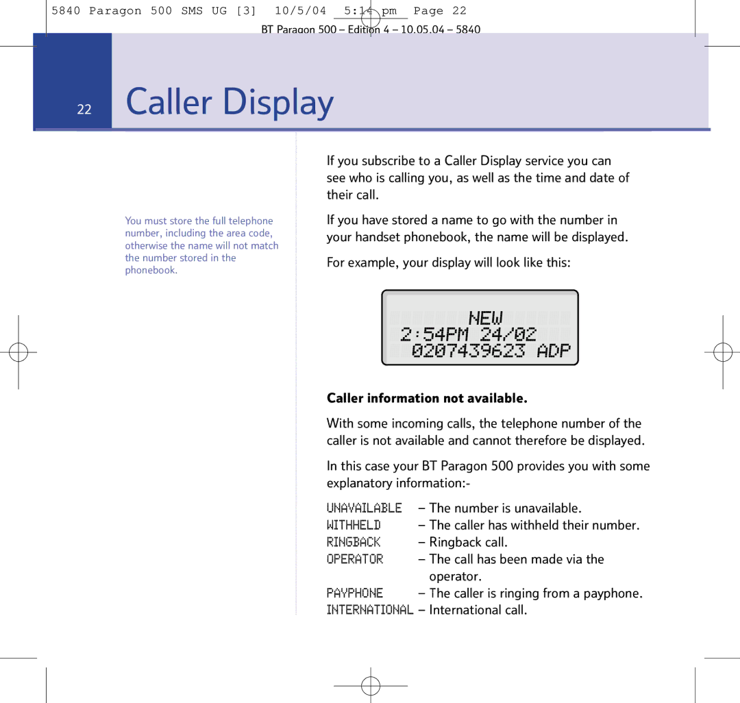 BT PARAGON 500 manual Caller Display 