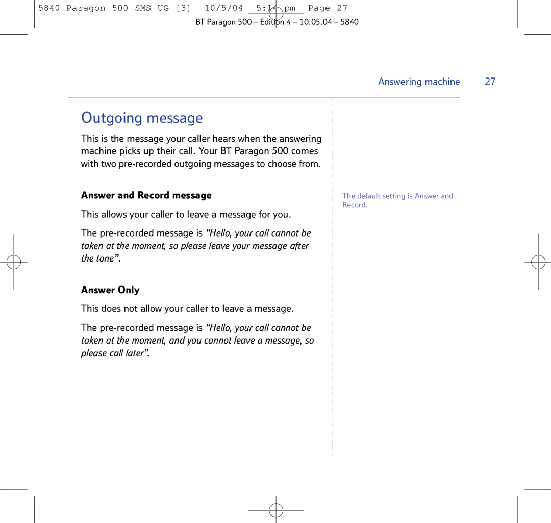 BT PARAGON 500 manual Outgoing message, Answer and Record message 