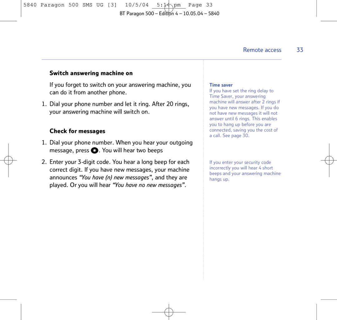 BT PARAGON 500 manual Remote access 