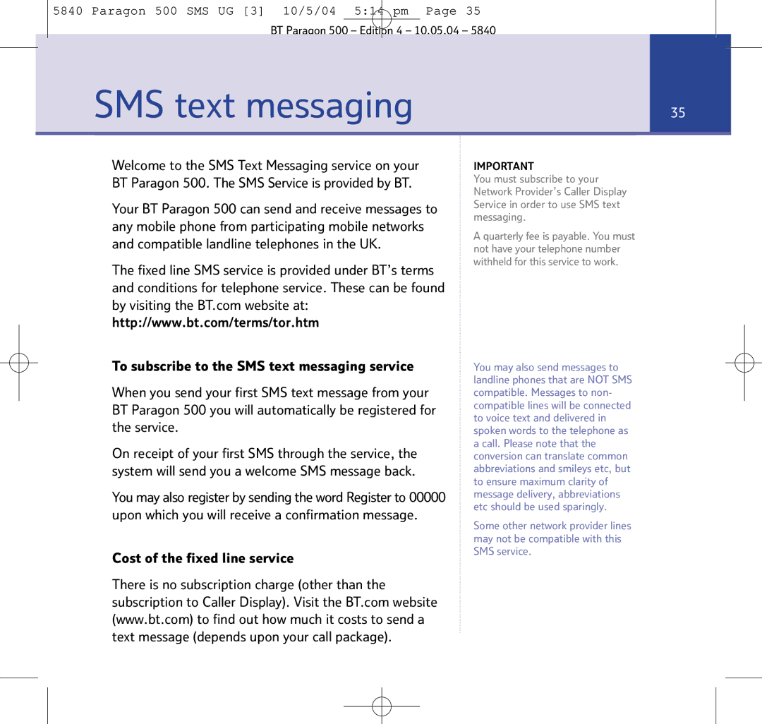 BT PARAGON 500 manual SMS text messaging, Cost of the fixed line service 