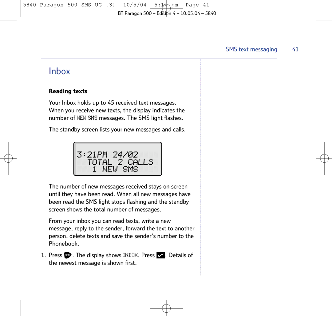 BT PARAGON 500 manual Inbox, Standby screen lists your new messages and calls 