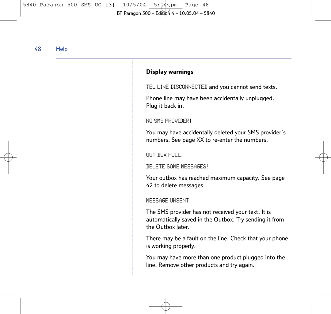 BT PARAGON 500 manual No SMS Provider, OUT BOX Full Delete Some Messages, Message Unsent, Help 