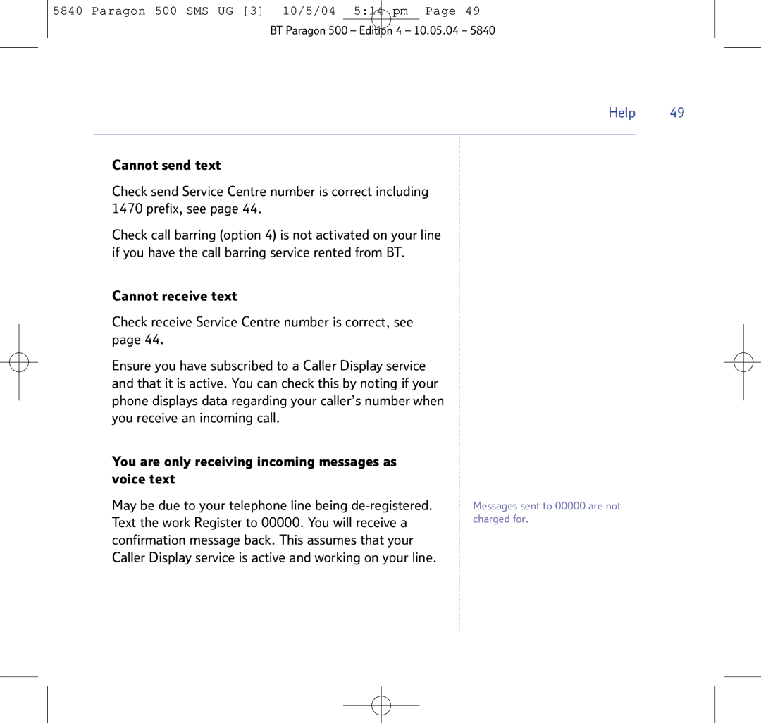 BT PARAGON 500 manual Messages sent to 00000 are not charged for 