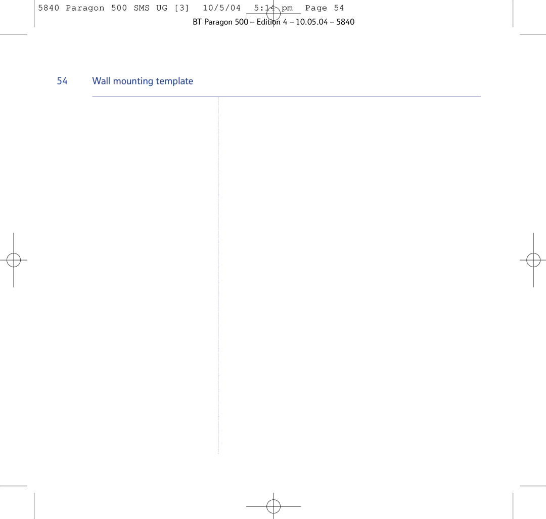 BT PARAGON 500 manual Wall mounting template 