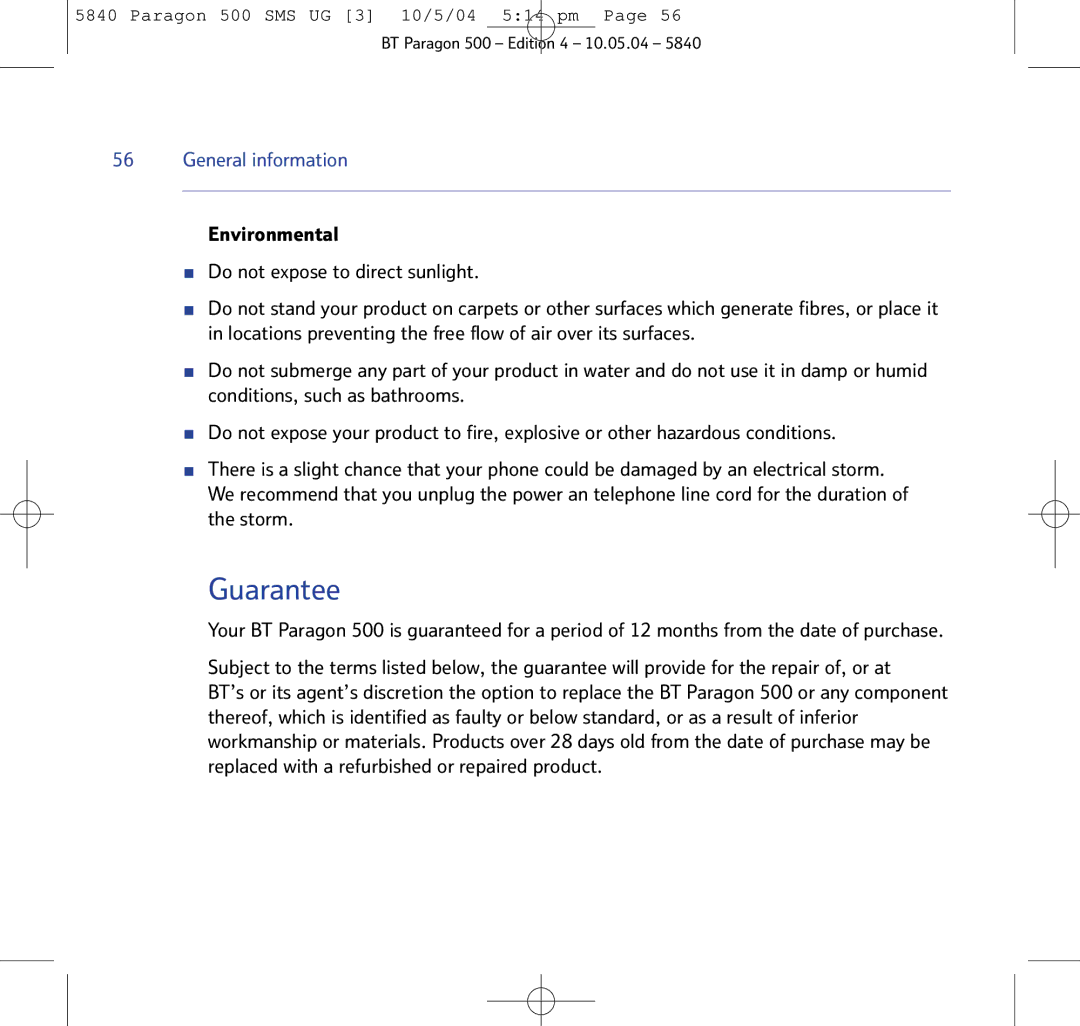 BT PARAGON 500 manual Guarantee, General information 