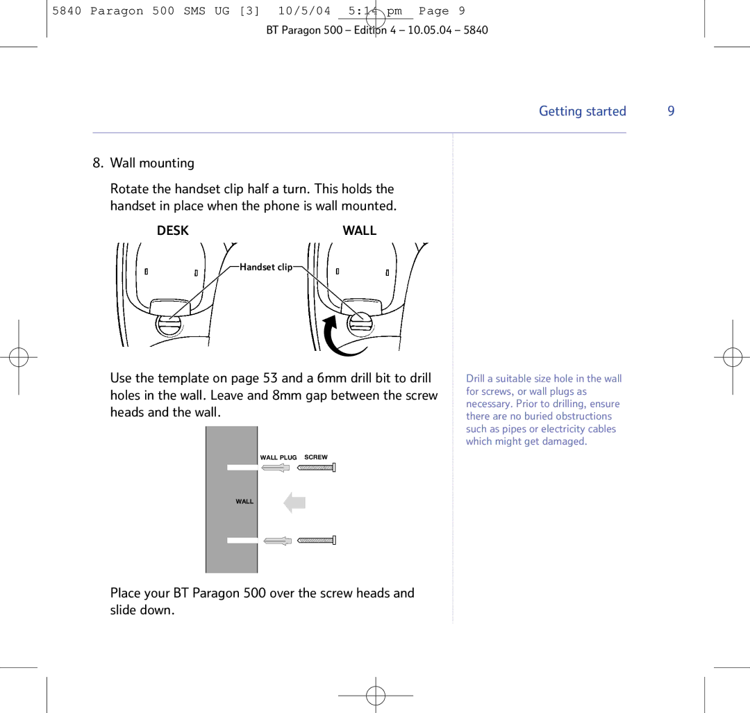 BT PARAGON 500 manual Wall mounting, Deskwall 