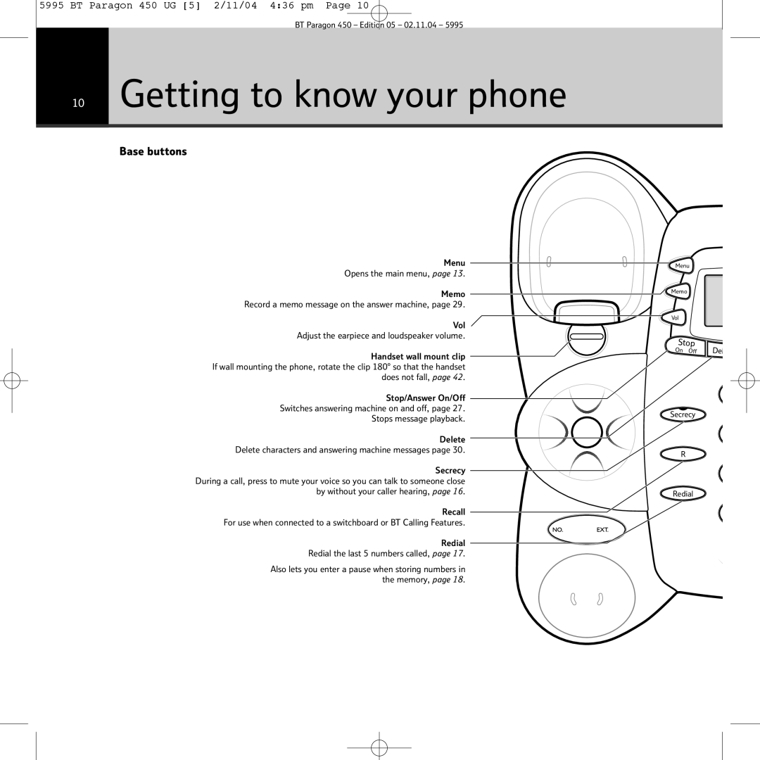 BT PARAGON450 manual Getting to know your phone, Base buttons 