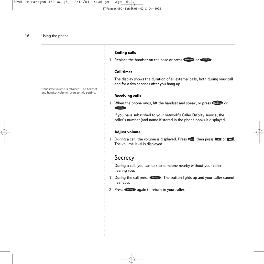 BT PARAGON450 manual Secrecy 