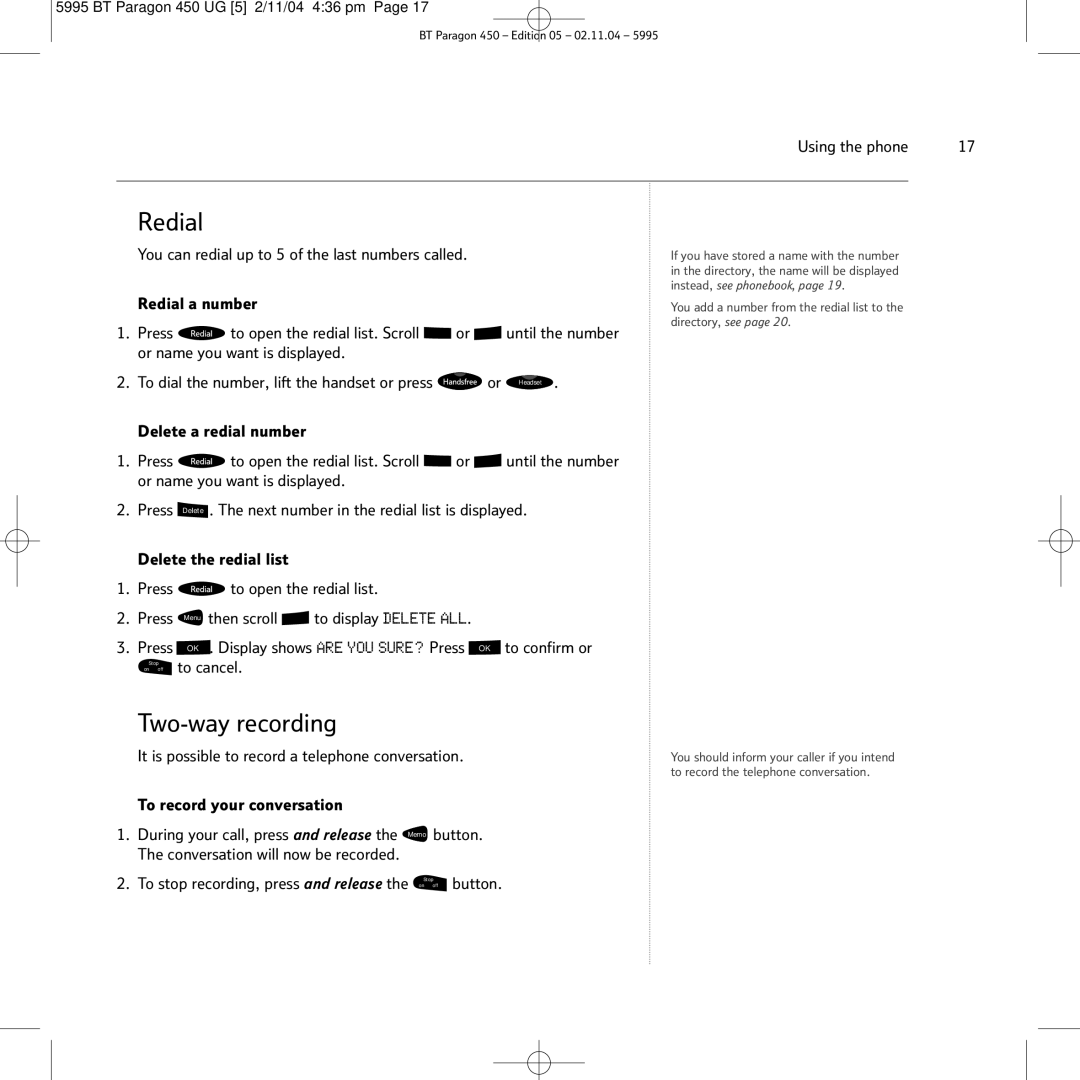 BT PARAGON450 manual Redial, Two-way recording 