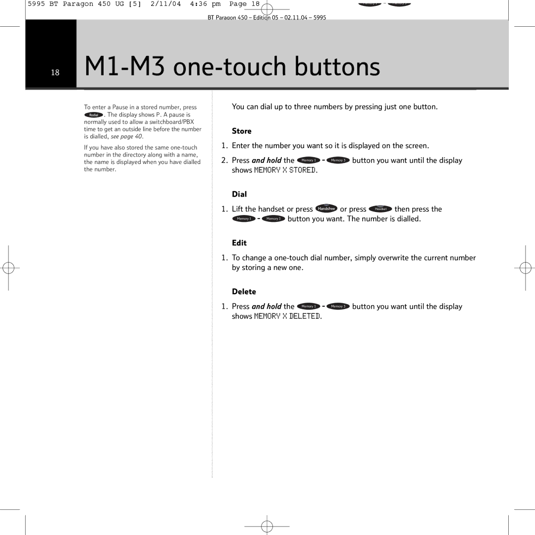 BT PARAGON450 manual 18 M1-M3 one-touch buttons 