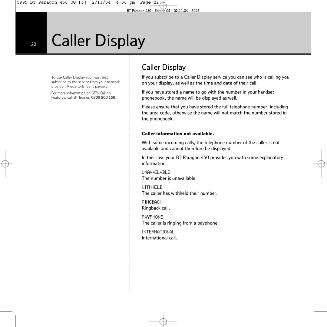 BT PARAGON450 manual Caller Display 