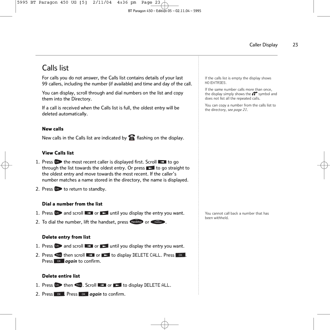 BT PARAGON450 manual Calls list, To go straight to, Then Menu . Scroll or to display Delete ALL 