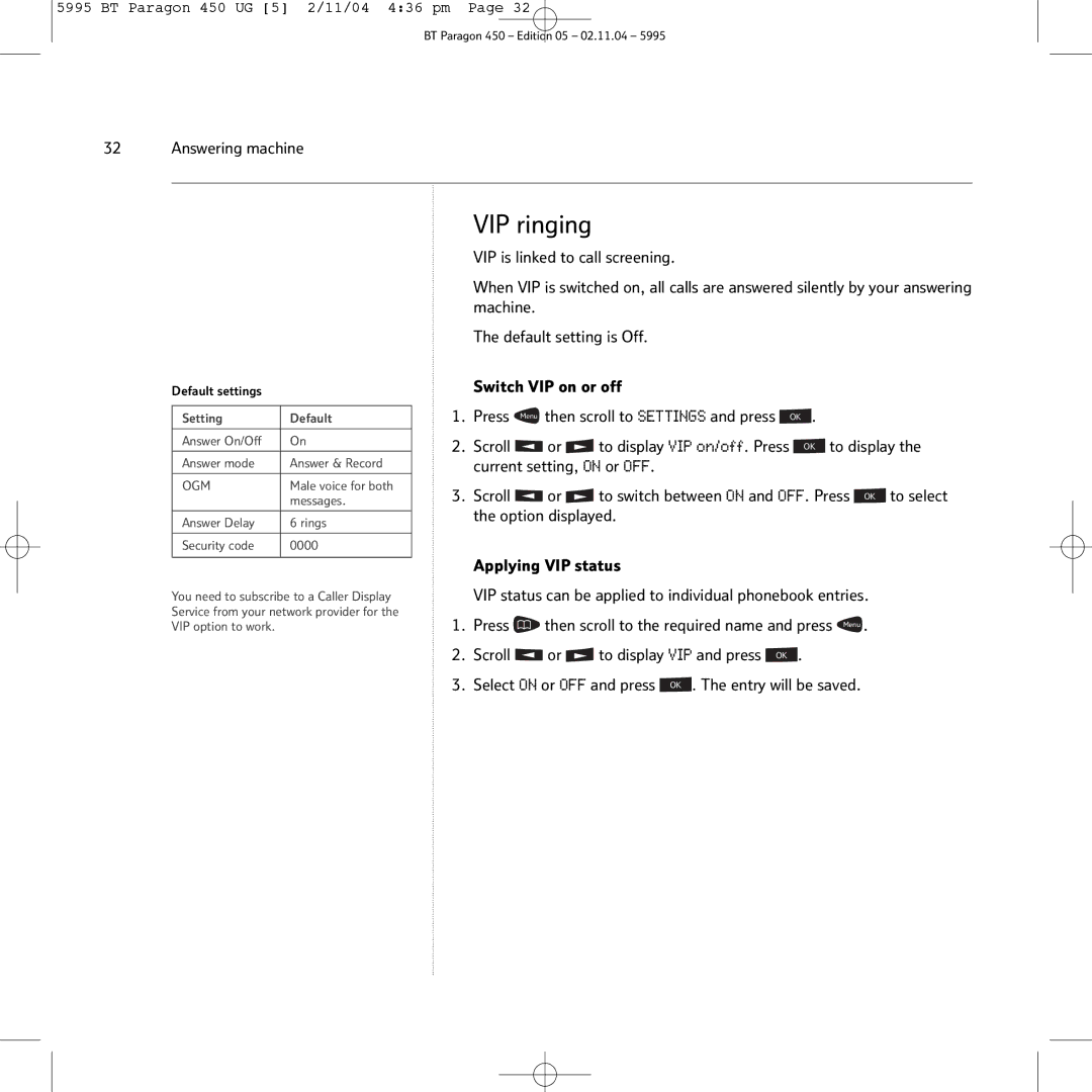 BT PARAGON450 manual VIP ringing, Option displayed, Applying VIP status 