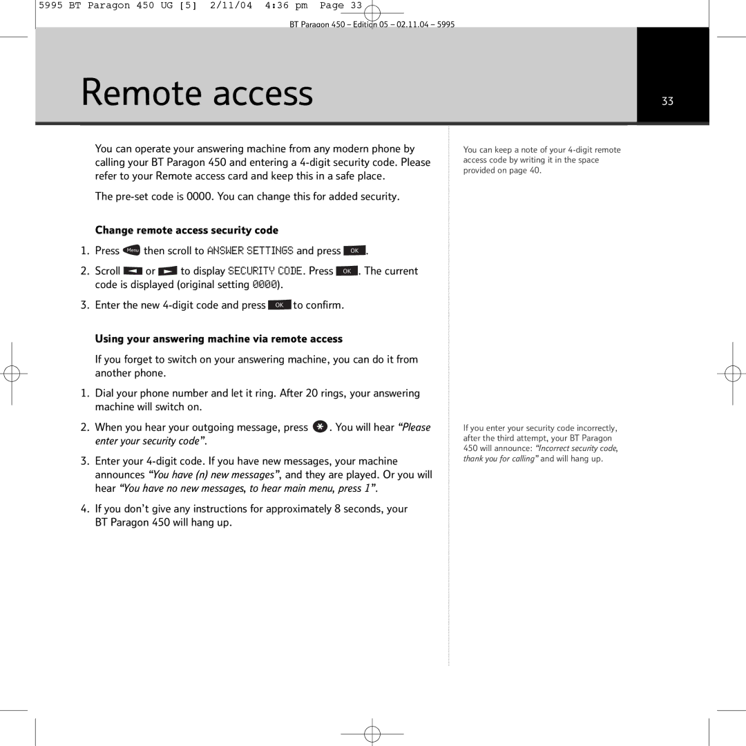 BT PARAGON450 manual Remote access 