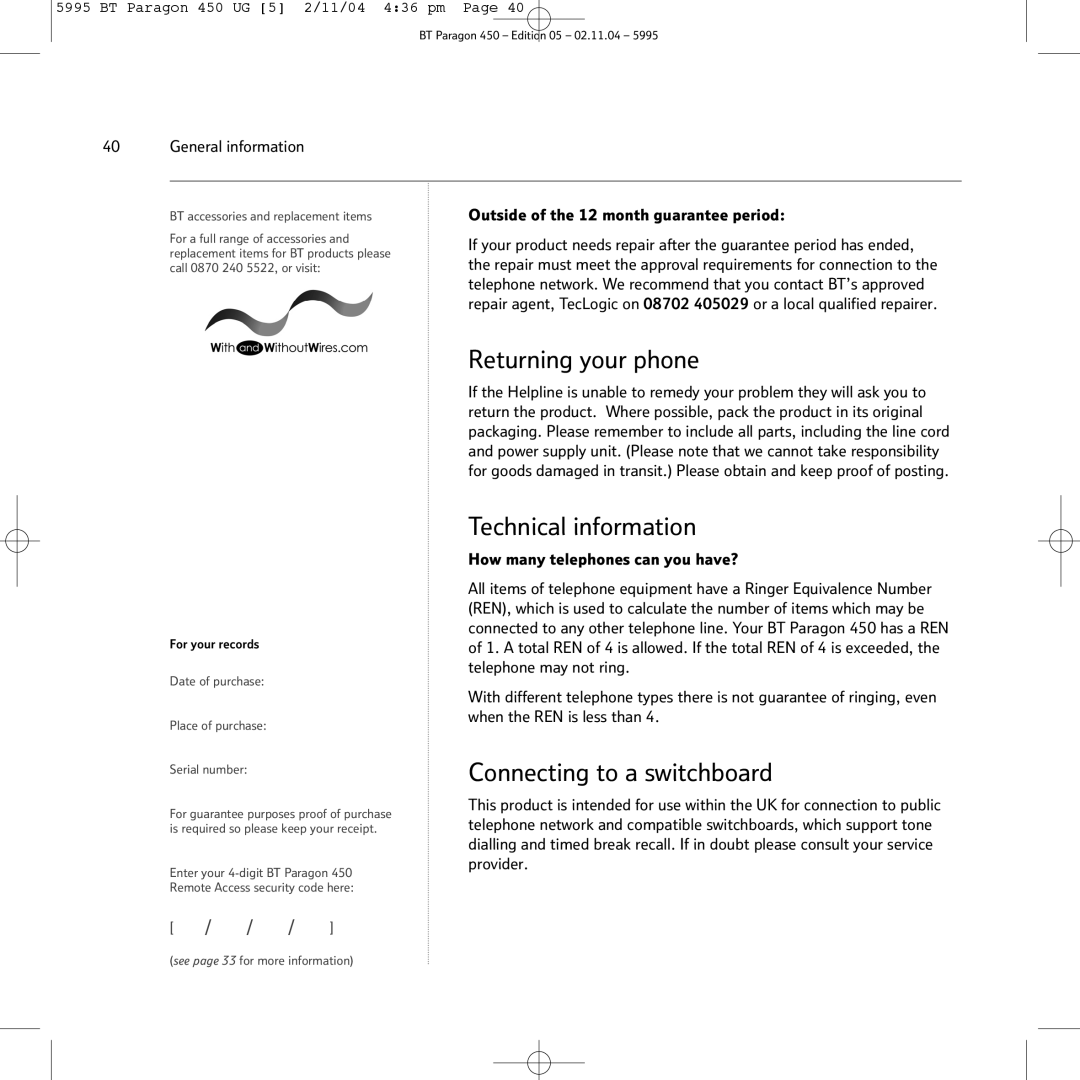 BT PARAGON450 manual Returning your phone, Technical information, Connecting to a switchboard 