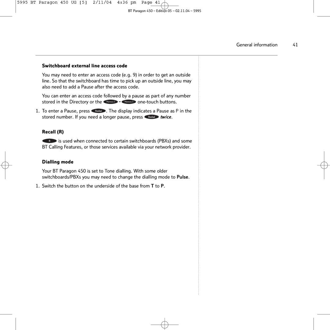 BT PARAGON450 manual General information Switchboard external line access code 