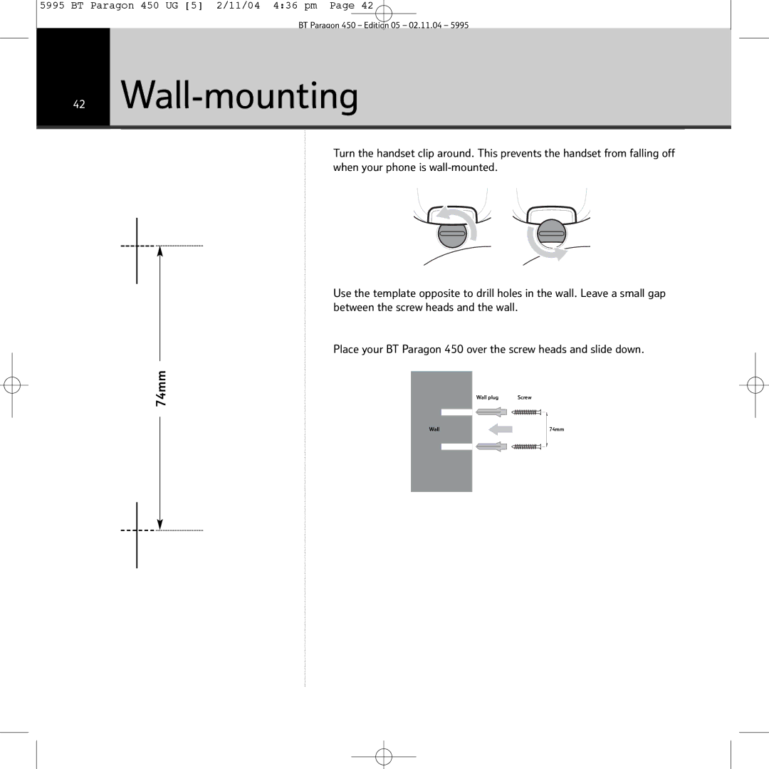 BT PARAGON450 manual Wall-mounting, 74mm 