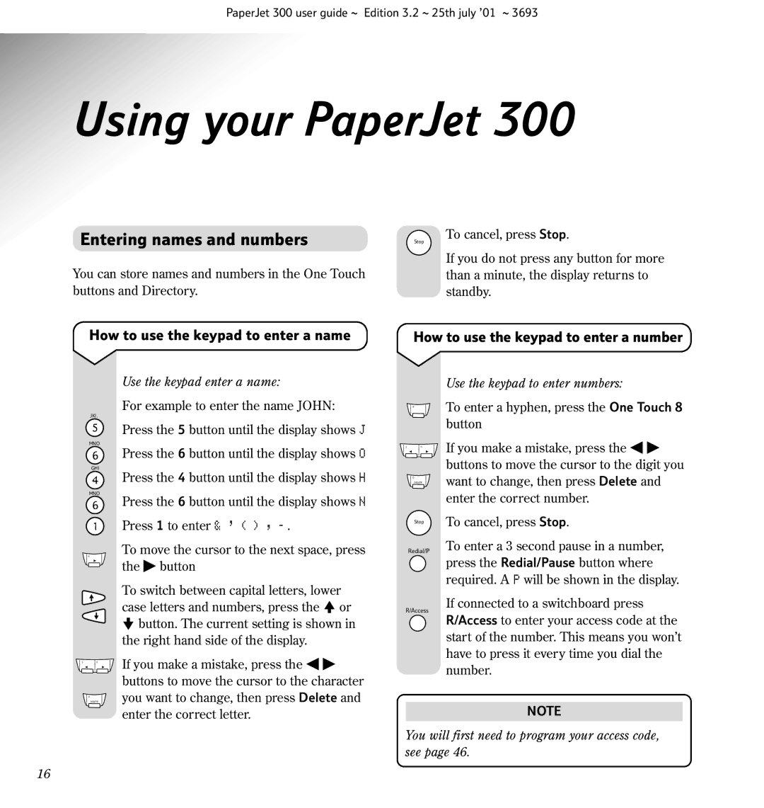 BT PC Scanner, PaperJet 300, Fax Using your PaperJet, Entering names and numbers, How to use the keypad to enter a name 