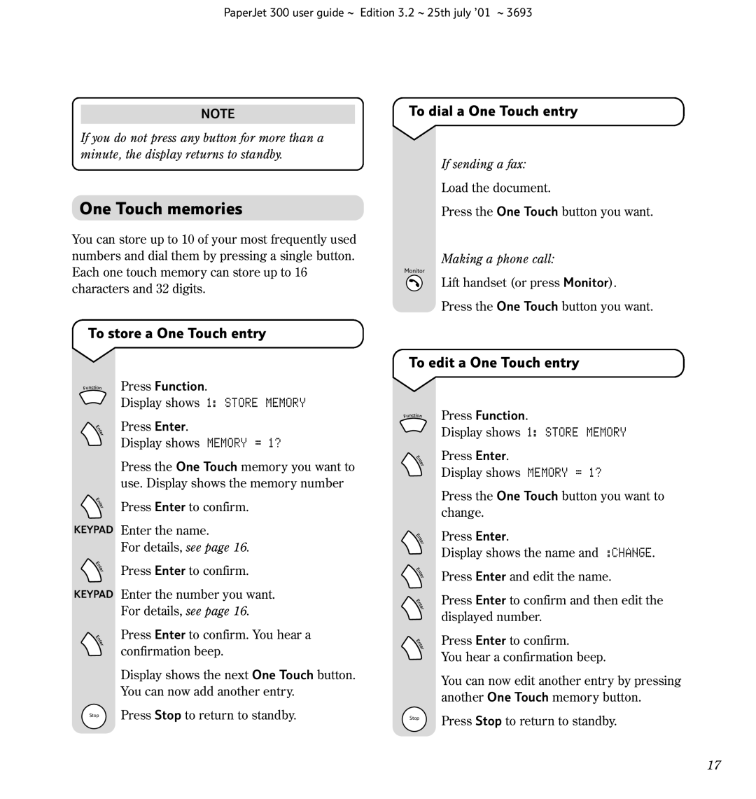 BT Fax, PC Scanner One Touch memories, To dial a One Touch entry, To store a One Touch entry, To edit a One Touch entry 