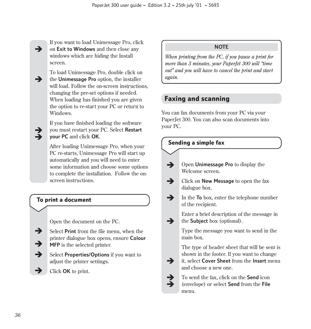 BT PC Scanner, PaperJet 300 manual Faxing and scanning, To print a document, Sending a simple fax 