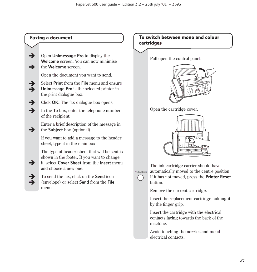 BT PC Scanner, PaperJet 300 manual Faxing a document, To switch between mono and colour cartridges 