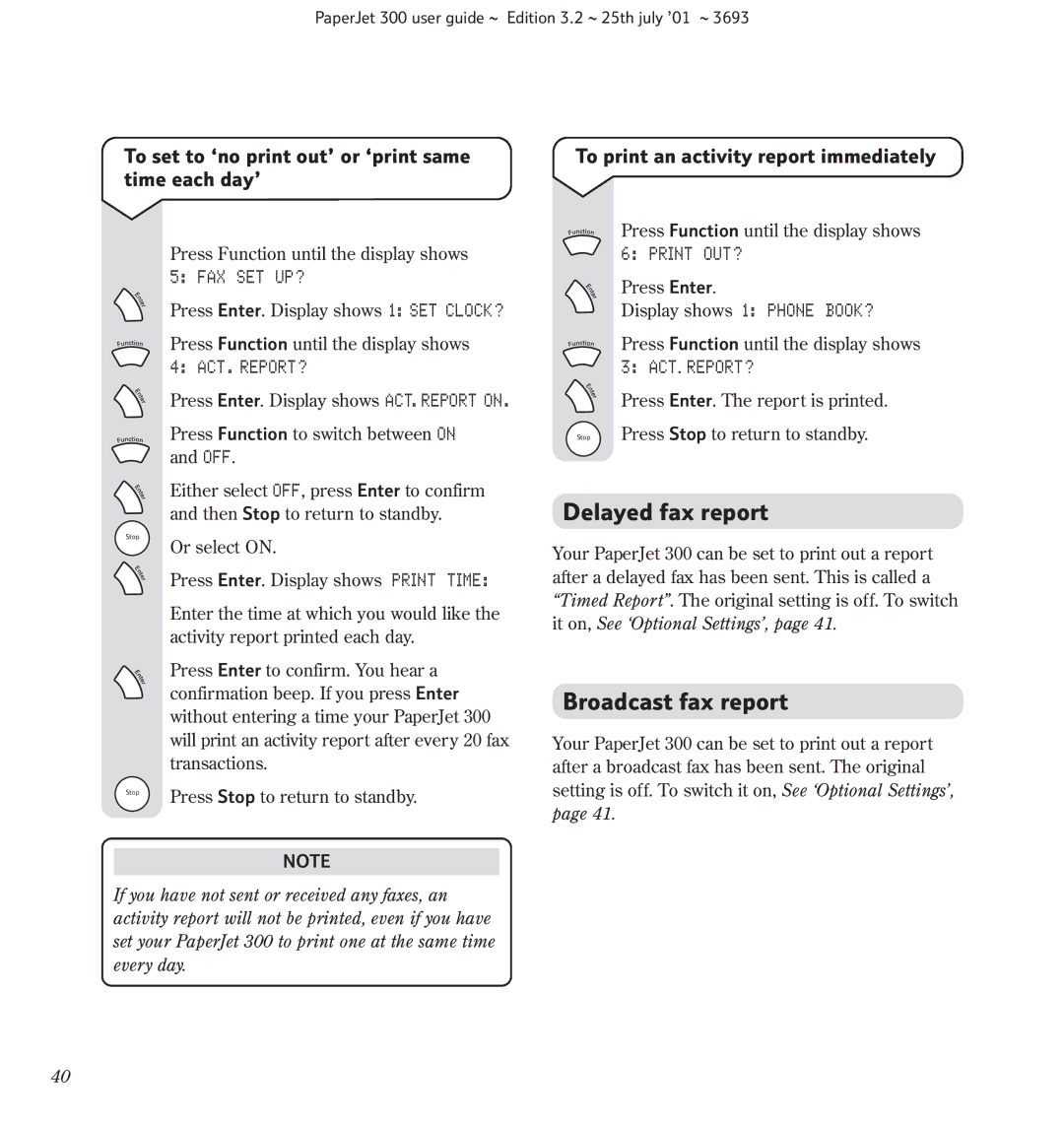 BT 300, Fax Delayed fax report, Broadcast fax report, To set to ‘no print out’ or ‘print same time each day’, Act. Report? 