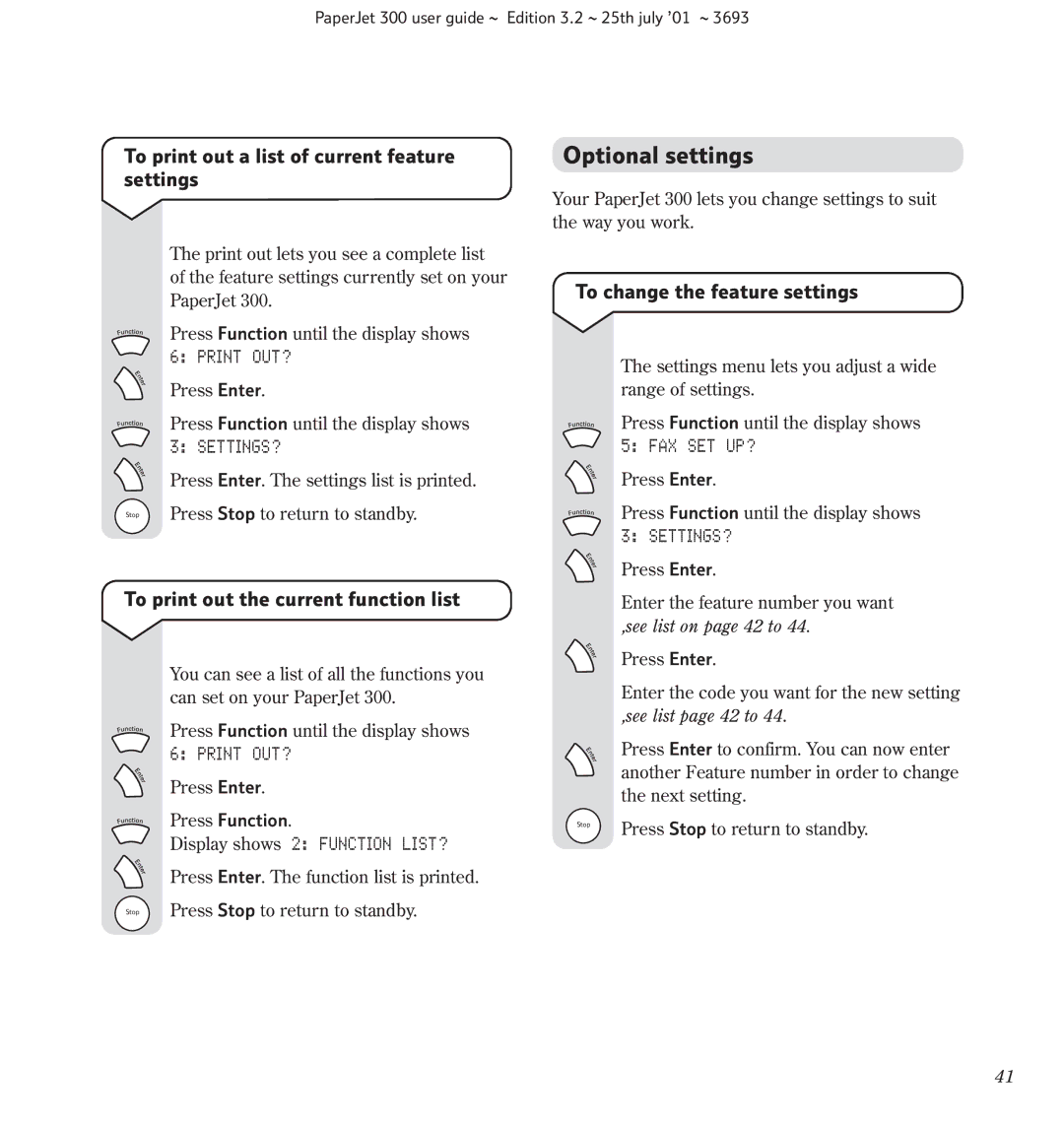 BT Fax, 300 Optional settings, To print out a list of current feature settings, To print out the current function list 