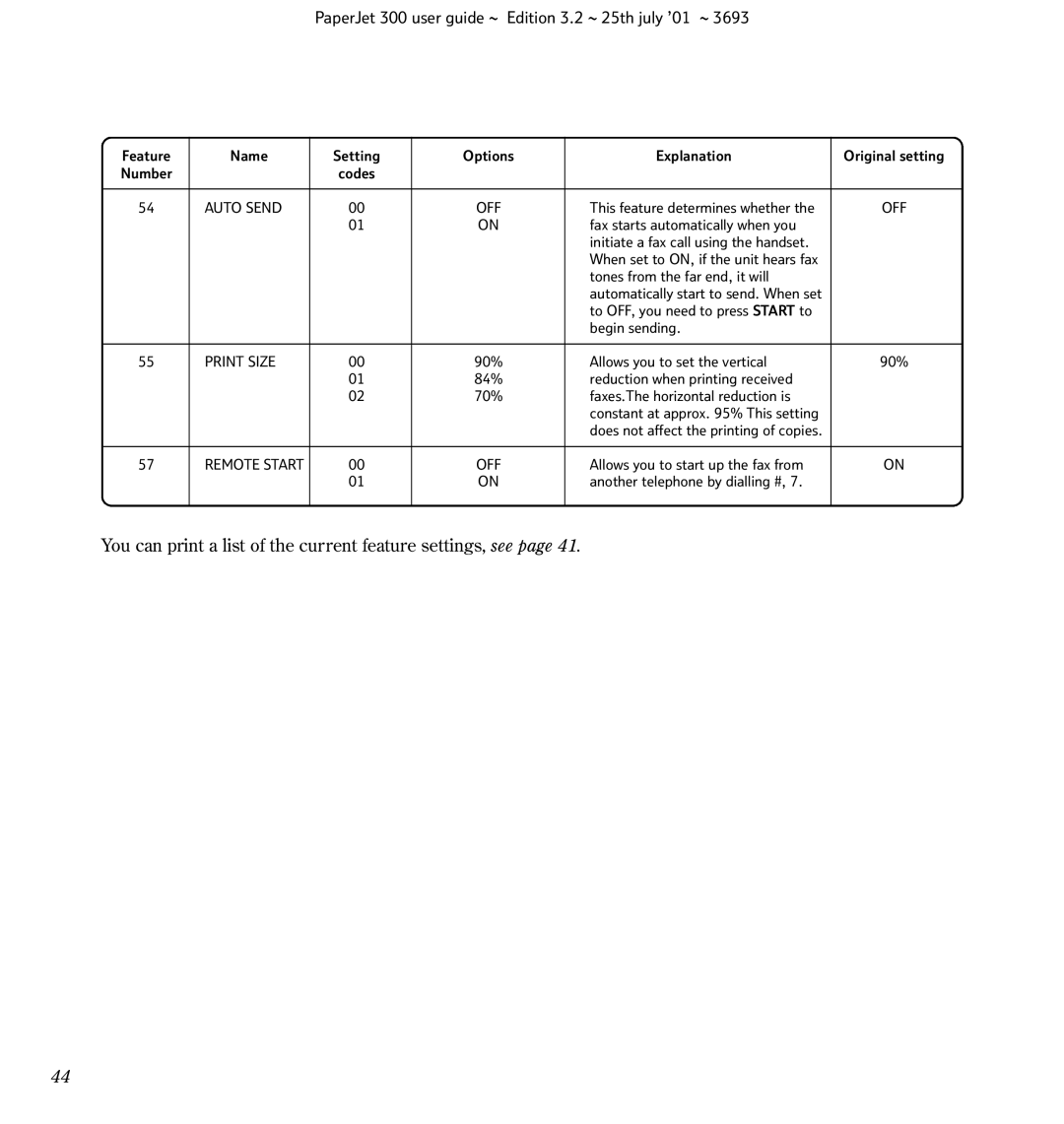 BT PC Scanner, PaperJet 300, Fax manual You can print a list of the current feature settings, see 