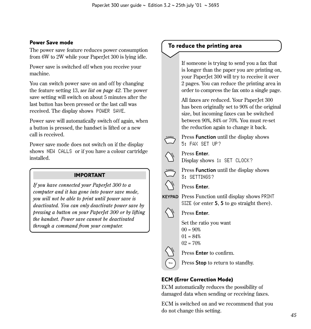BT Fax, PC Scanner, PaperJet 300 manual To reduce the printing area, Power Save mode, ECM Error Correction Mode 