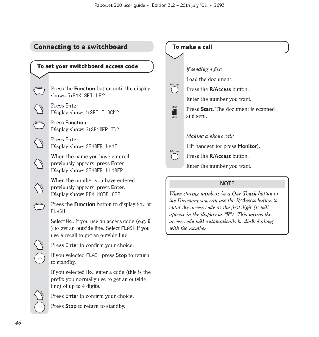 BT PC Scanner, PaperJet 300, Fax Connecting to a switchboard, To set your switchboard access code, To make a call, Flash 