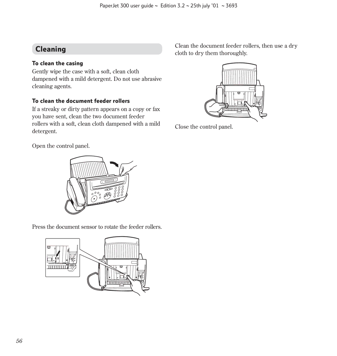 BT PC Scanner, PaperJet 300, Fax manual To clean the casing, To clean the document feeder rollers 