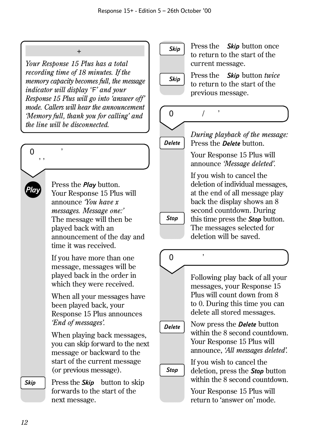 BT Response 15+ manual To delete individual messages, To play back messages and memos, To delete all messages 