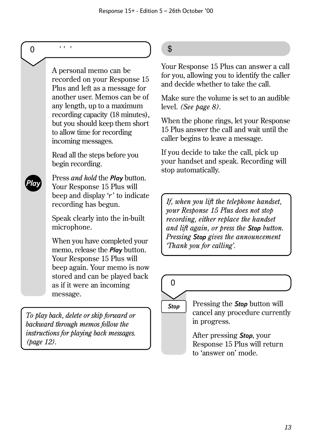 BT Response 15+ manual To record a memo message, To cancel any procedure, Call screening 