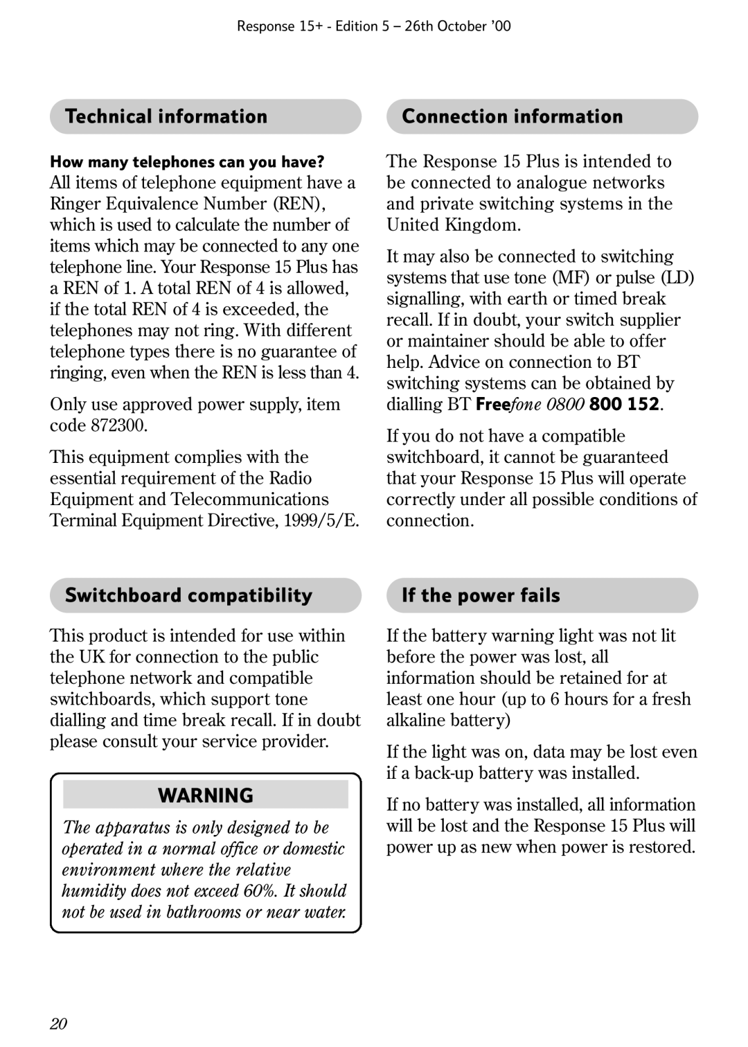 BT Response 15+ manual Technical information Connection information, Switchboard compatibility If the power fails 