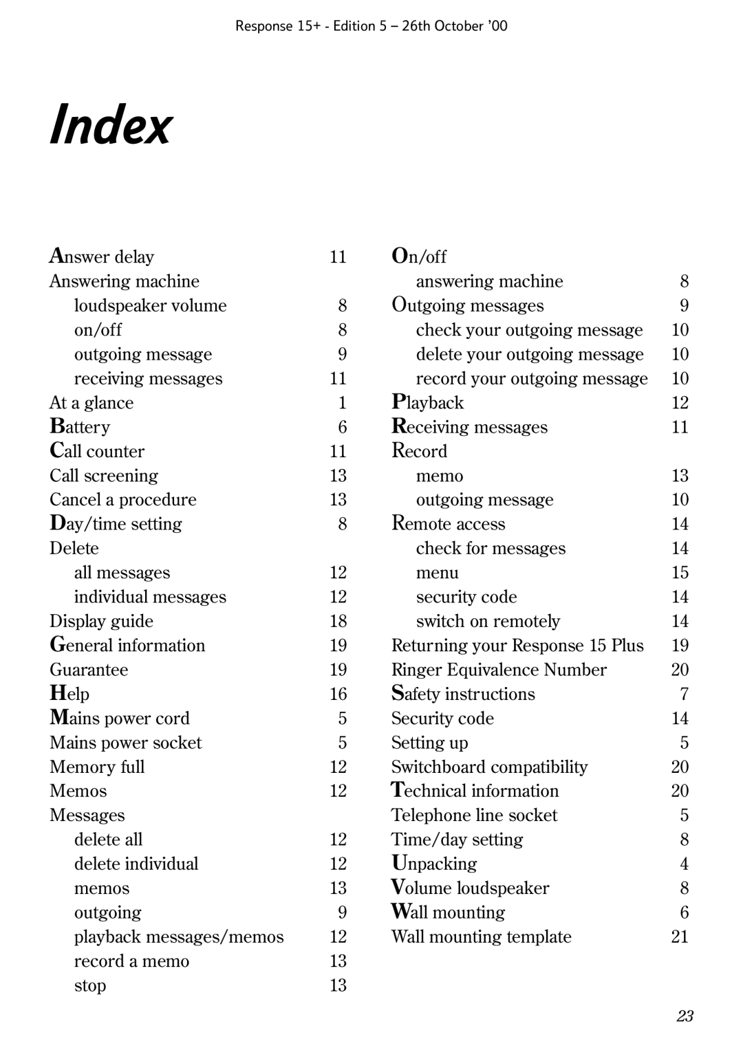 BT Response 15+ manual Index 