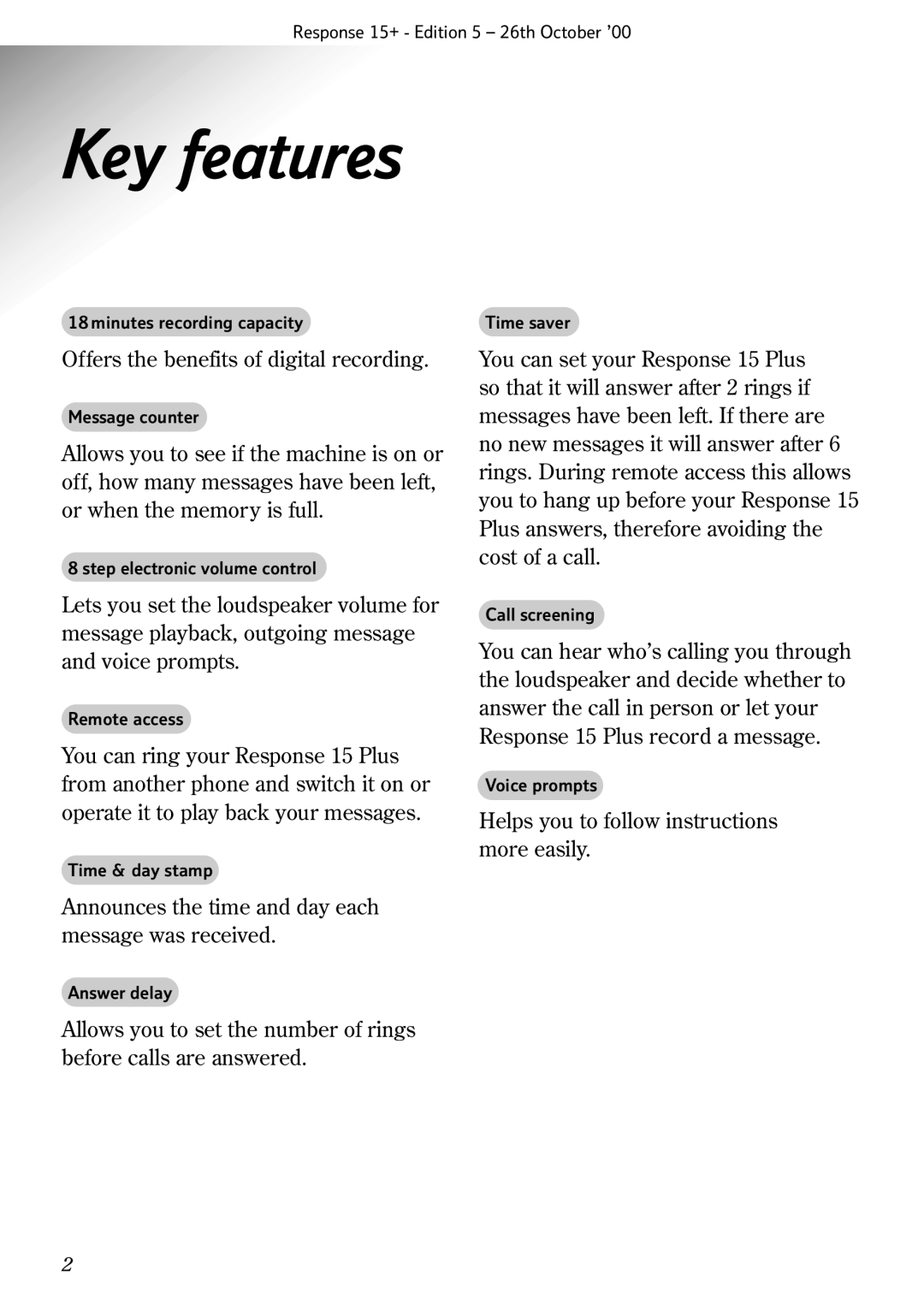 BT Response 15+ manual Key features 