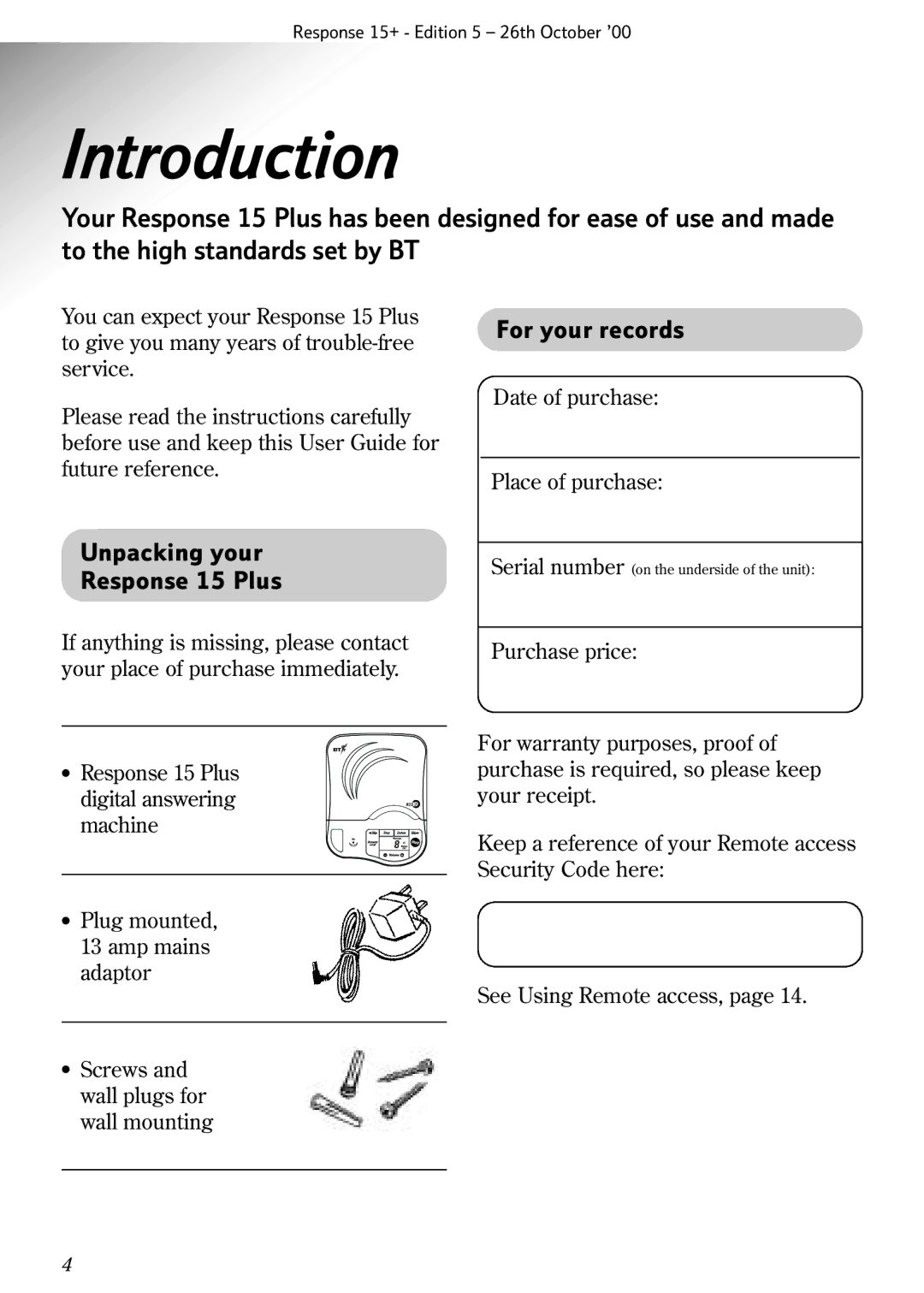 BT Response 15+ manual Introduction, Unpacking your Response 15 Plus, For your records 