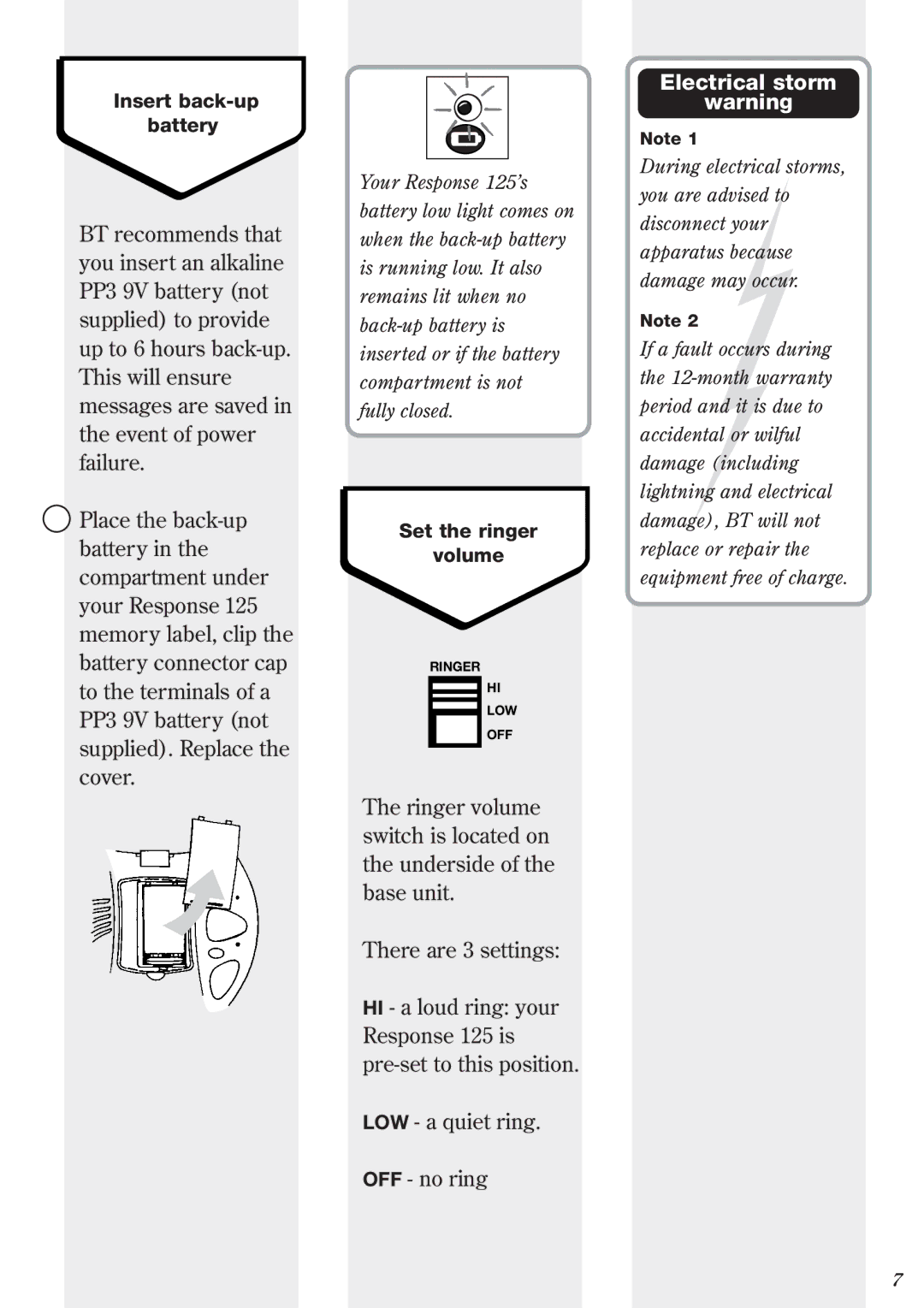 BT 125, Response Phone manual Electrical storm 