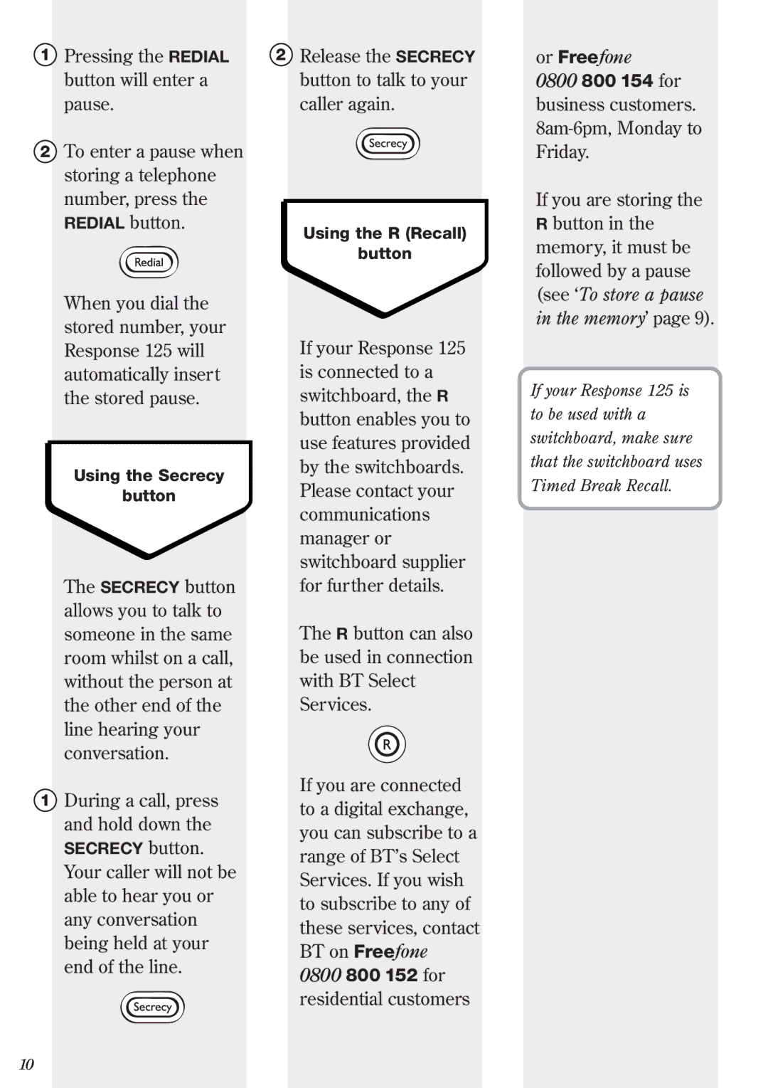 BT Response Phone, 125 manual Or Freefone 