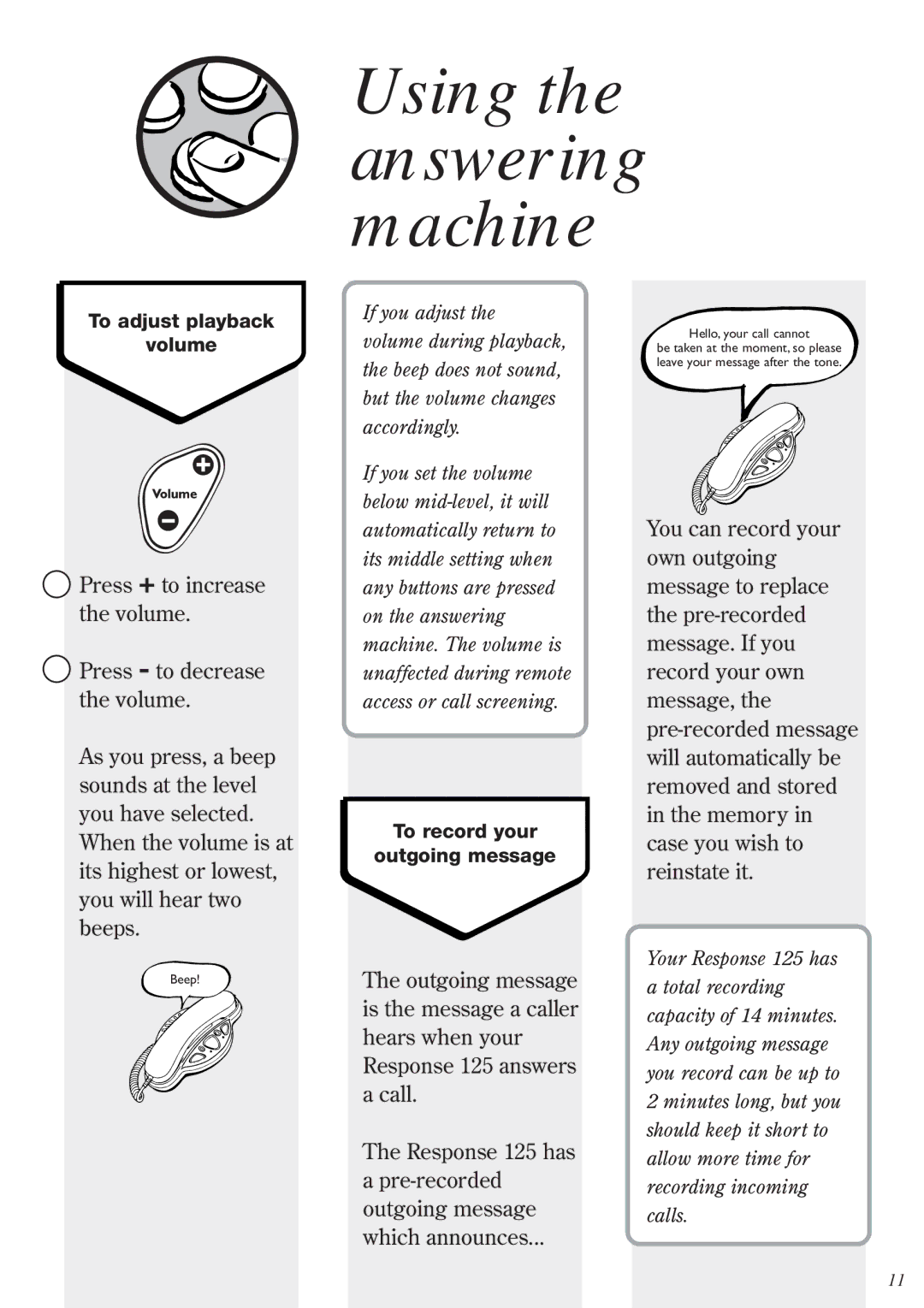 BT 125, Response Phone manual Using the answering machine 