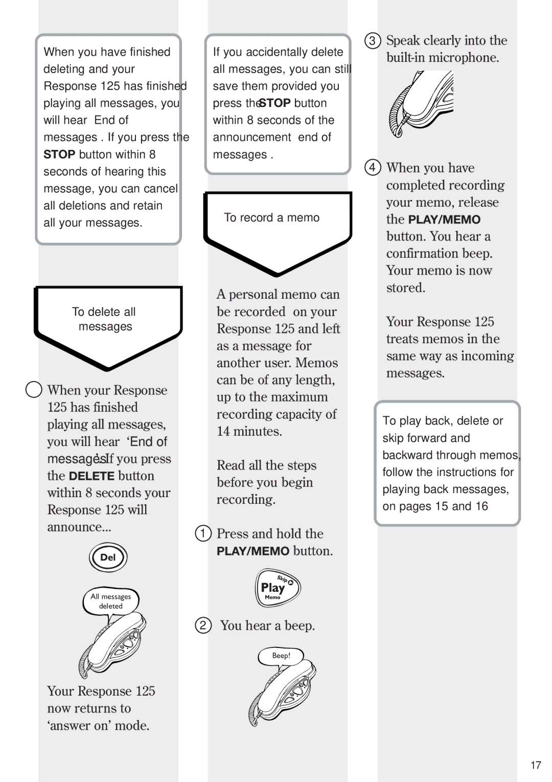 BT 125, Response Phone manual You hear a beep 