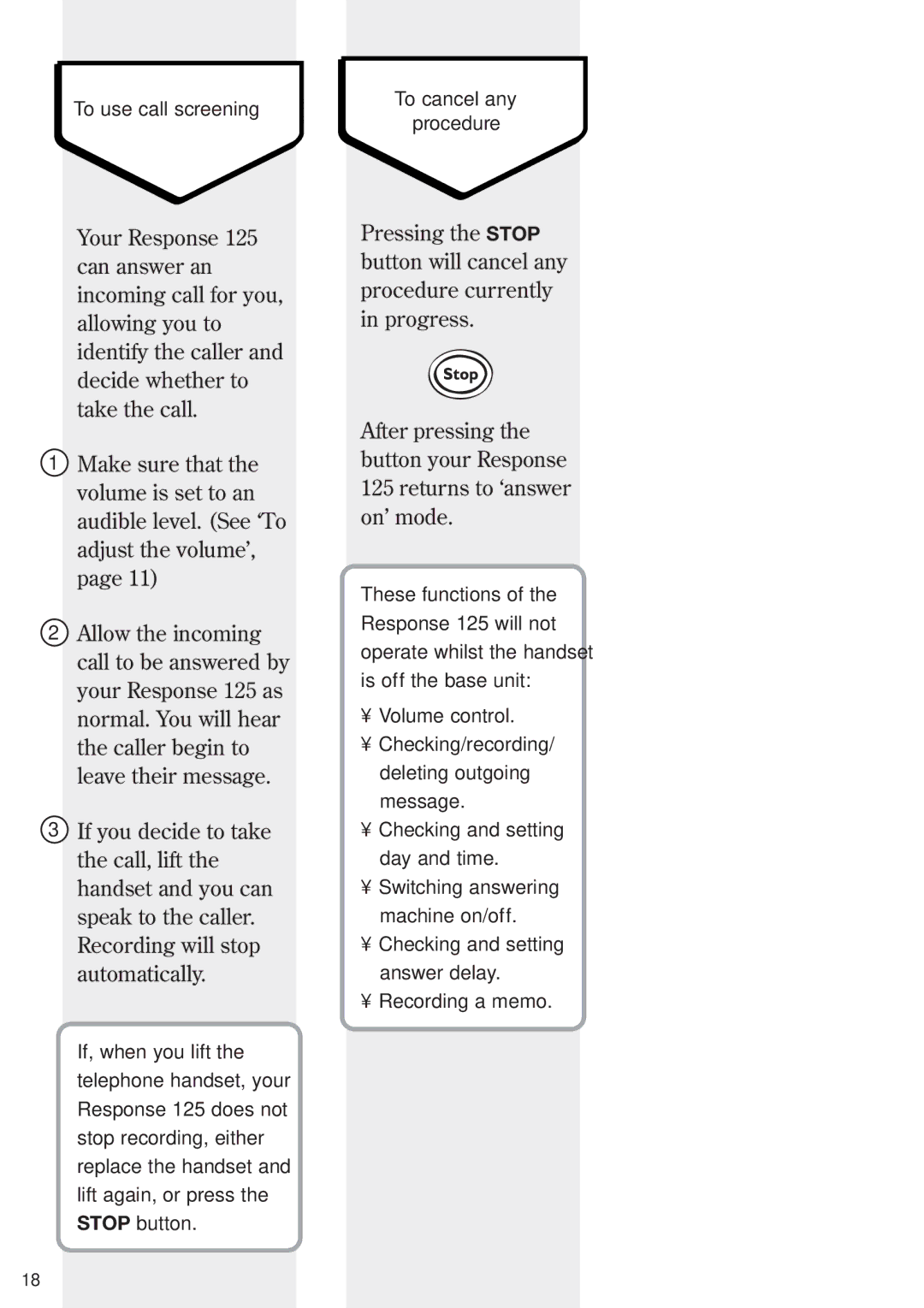 BT Response Phone, 125 manual To use call screening 